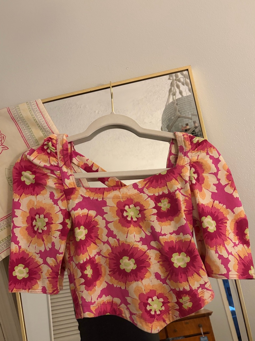 Free People Pink Floral Square-Neck Puff Sleeve Crop Top